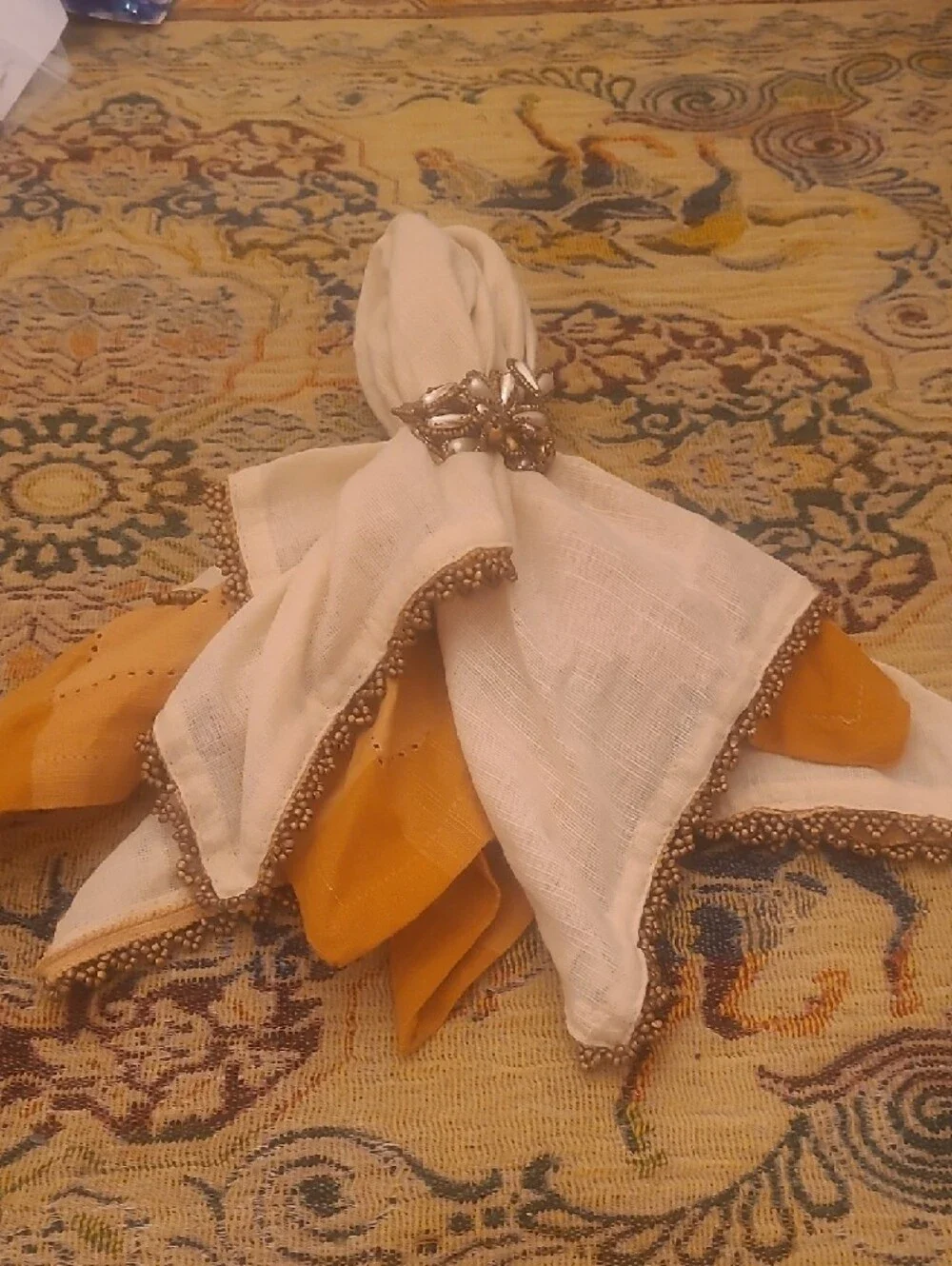 Pier 1 Cream Napkin Set with Gold Beaded Accent 2 Napkins 1 Ring In Each Set